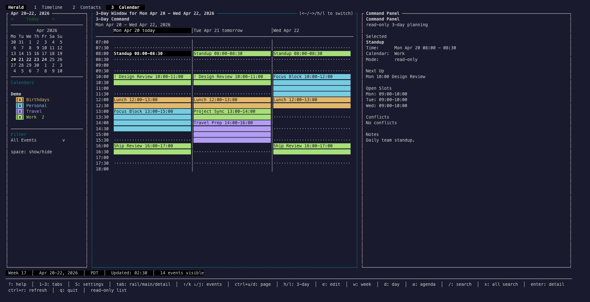 Herald Calendar three-day command view with open slots and event context