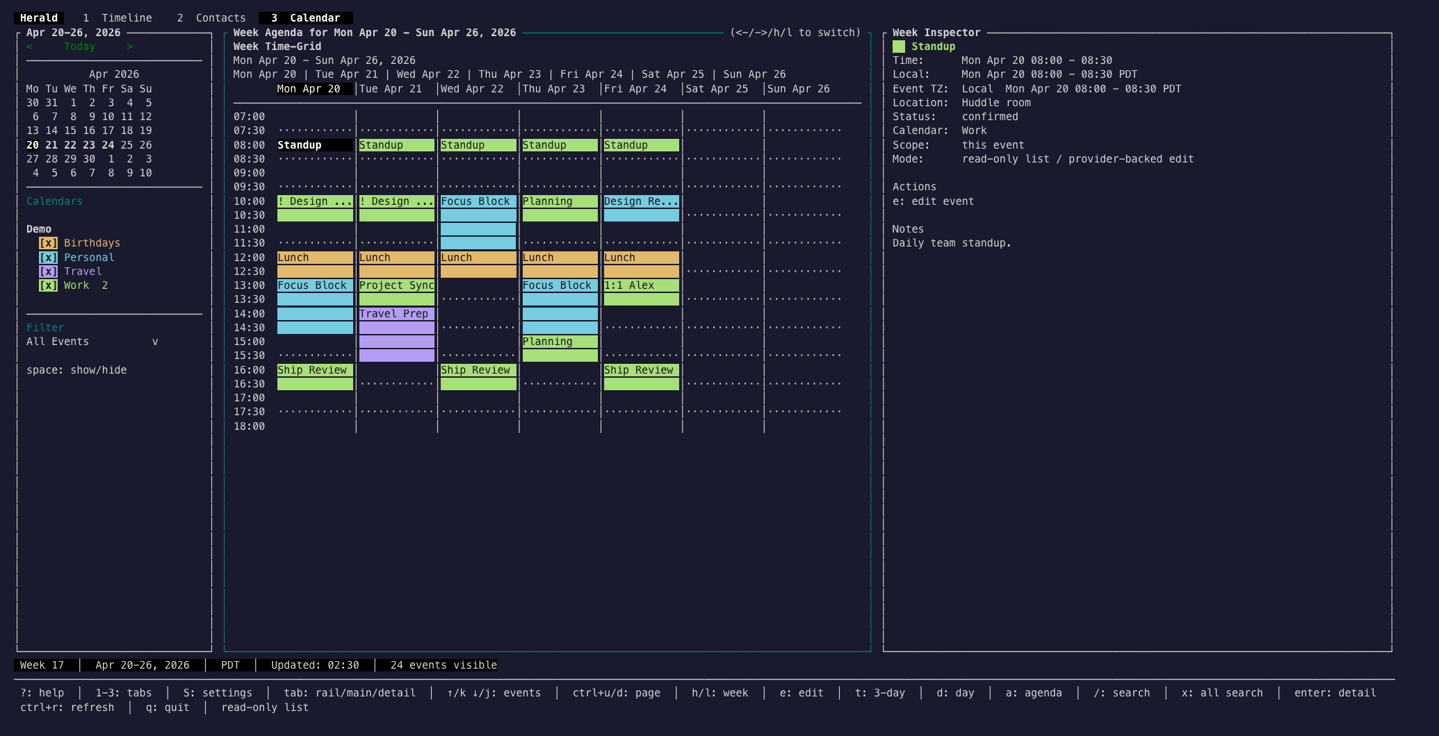 Herald Calendar week time-grid with source rail and inspector in a terminal window