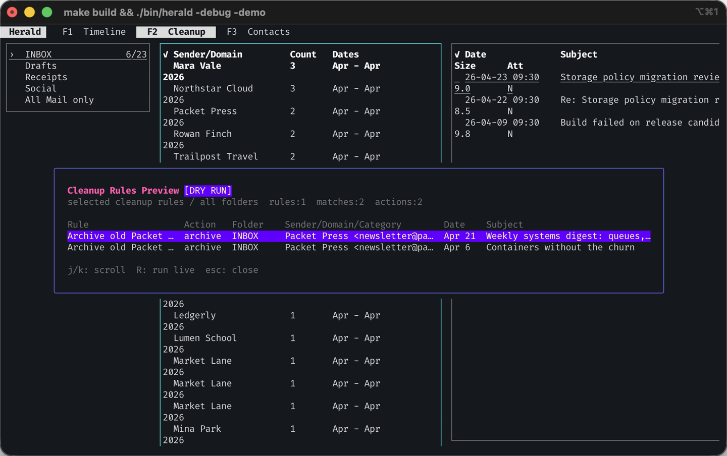 Herald cleanup rules dry run showing matching messages before archive actions are applied
