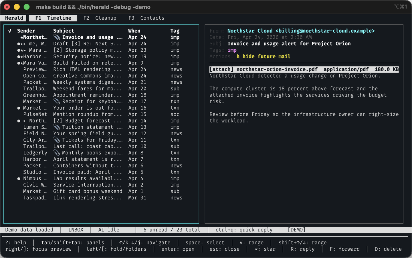 Herald demo timeline and preview pane showing an invoice email in a macOS terminal window