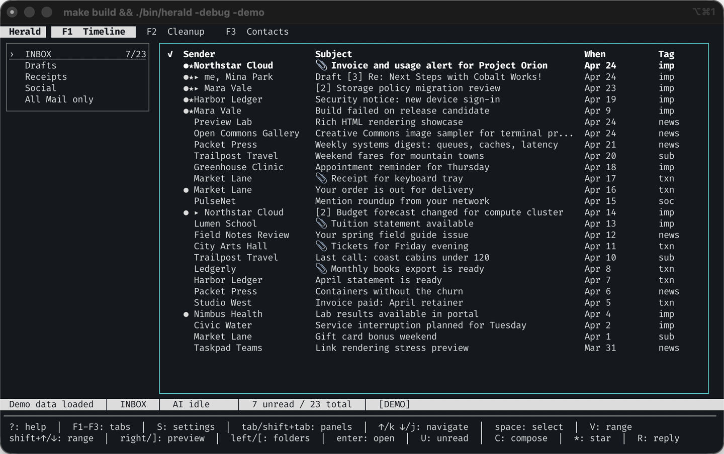 Herald demo inbox timeline inside a macOS terminal window with folder sidebar and message list