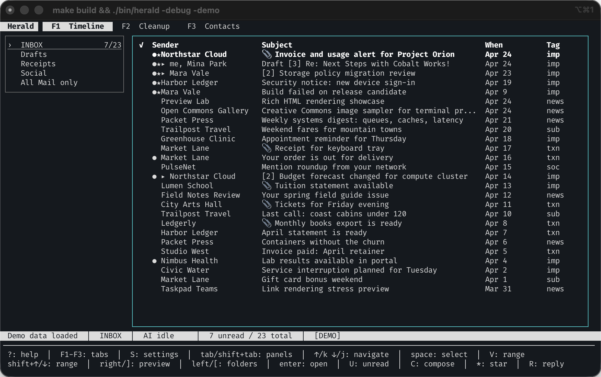 Herald demo inbox timeline inside a macOS terminal window with folder sidebar and message list