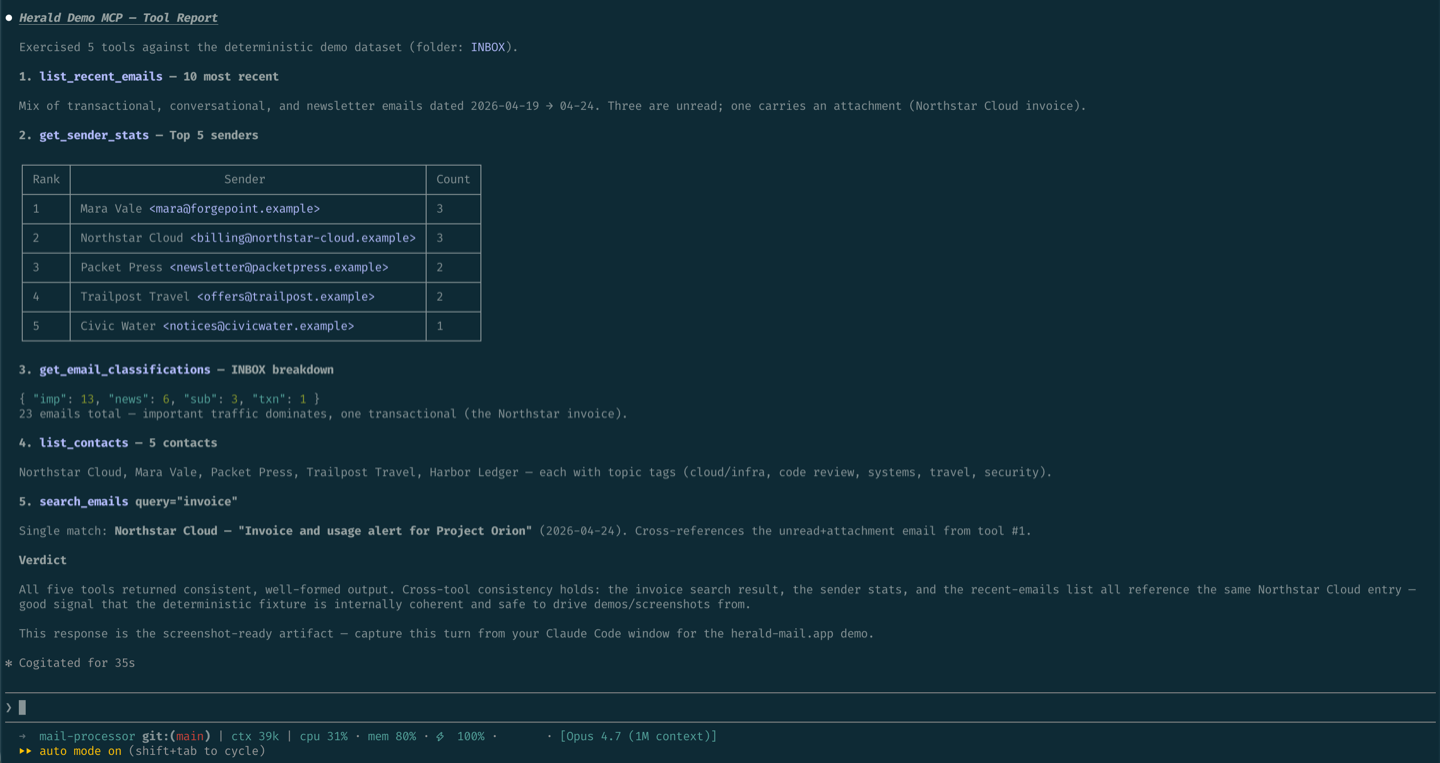 Claude Code window showing a Herald demo MCP tool report with sender stats and tool results