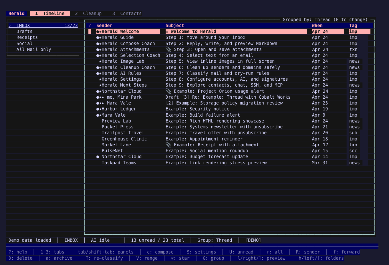 Herald timeline rendered with the Rose Pine Desk built-in theme